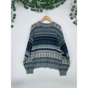 Vintage 80's Sears Mens Store Geometric Sweater Green Blue Grey Made in Korea L